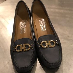 Ferragamo block heel loafer with stacked heel.